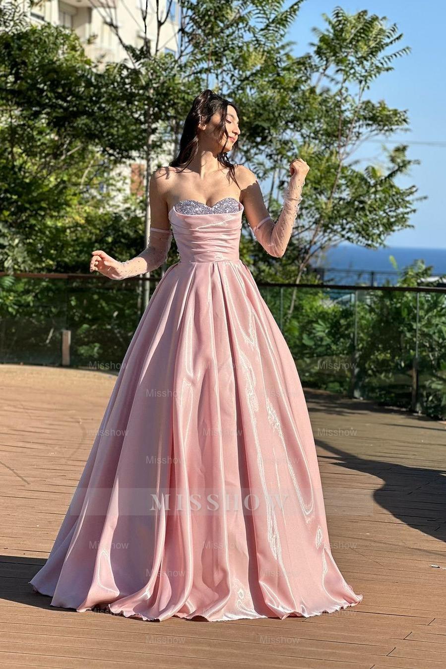 Strapless Beading A Line Long Formal Dress With Detachable Sleeves