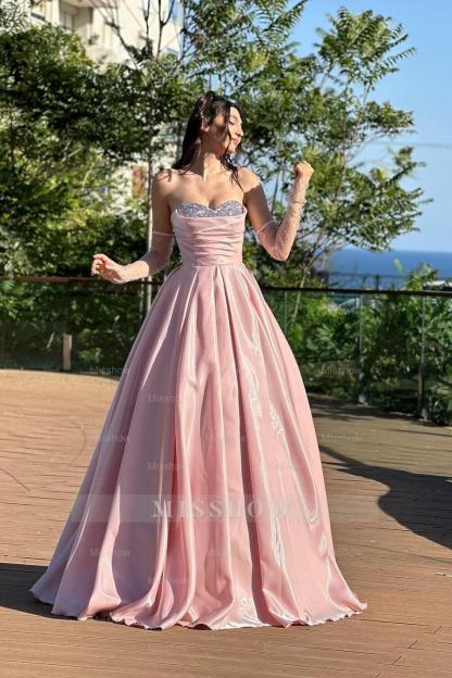 Strapless Beading A Line Long Formal Dress With Detachable Sleeves