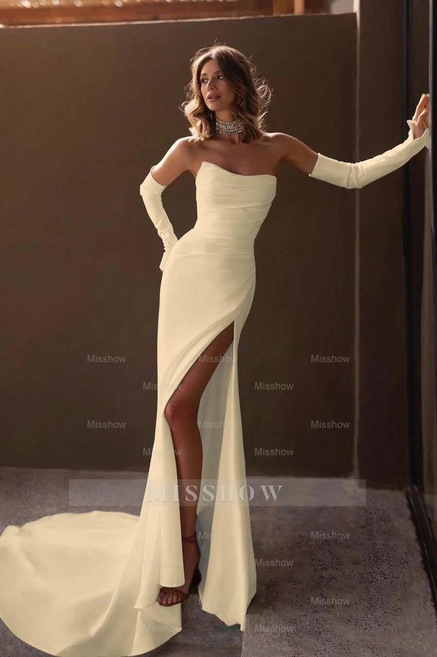 Strapless Detachable Sleeves Mermaid Long Formal Dress With Split