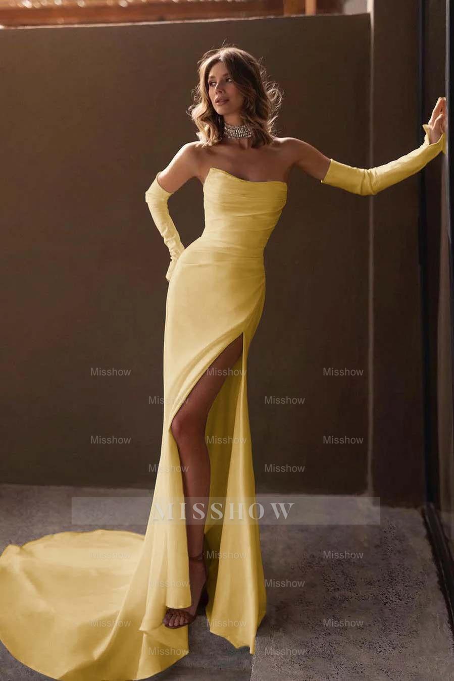 Strapless Detachable Sleeves Mermaid Long Formal Dress With Split