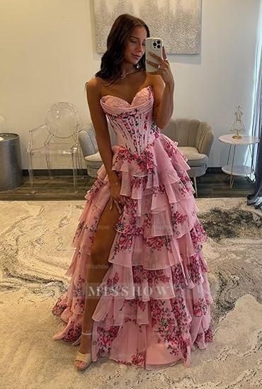 Strapless Floral A Line Corset Sweetheart Long Prom Dress with Slit