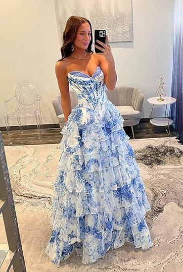 Strapless Floral A Line Corset Sweetheart Long Prom Dress with Slit