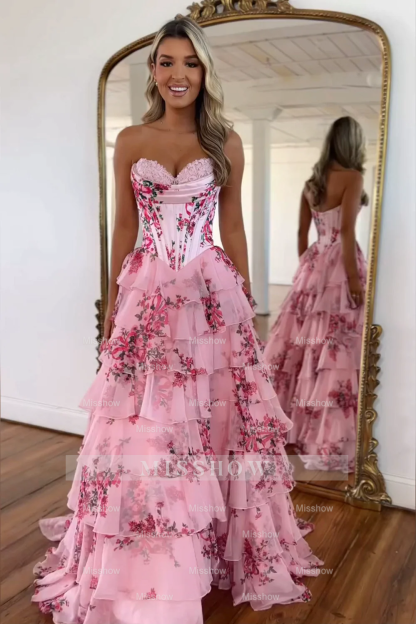 Strapless Floral A Line Corset Sweetheart Long Prom Dress with Slit