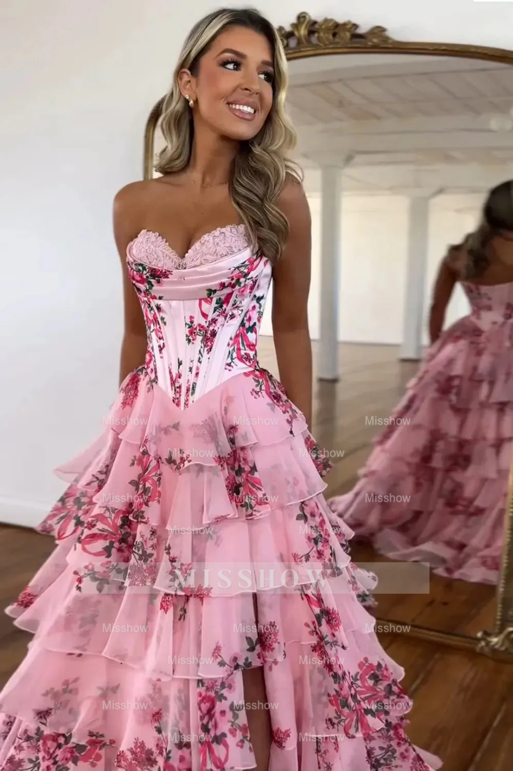 Strapless Floral A Line Corset Sweetheart Long Prom Dress with Slit