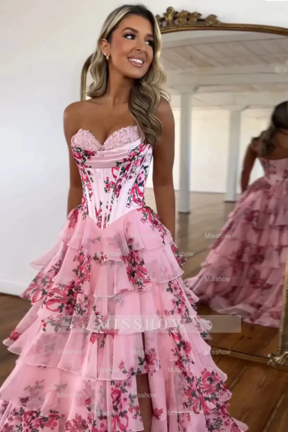 Strapless Floral A Line Corset Sweetheart Long Prom Dress with Slit