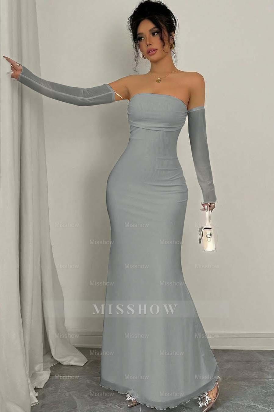 Strapless Long Mermaid Formal Dress With Detachable Sleeves Pleated