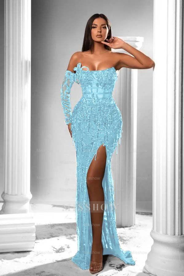 Strapless Long Sleeve High Split Long Formal Dress With Appliques