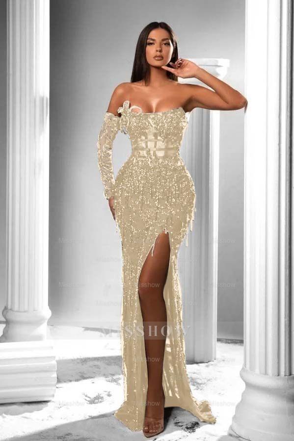 Strapless Long Sleeve High Split Long Formal Dress With Appliques