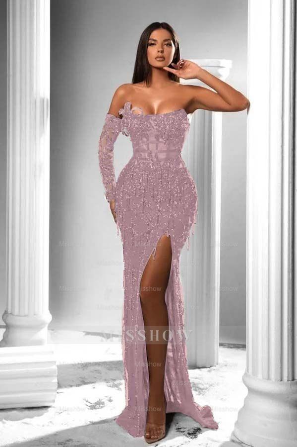 Strapless Long Sleeve High Split Long Formal Dress With Appliques