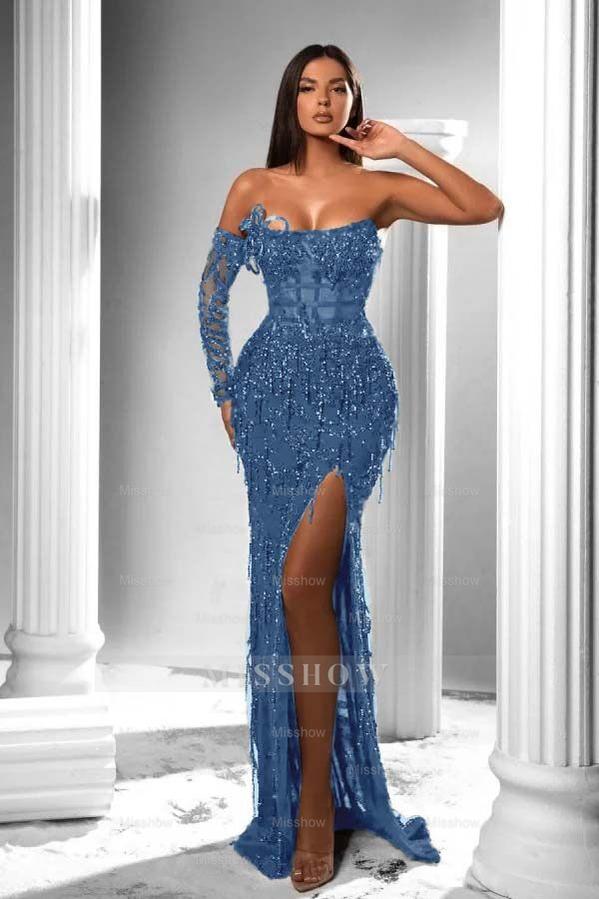 Strapless Long Sleeve High Split Long Formal Dress With Appliques