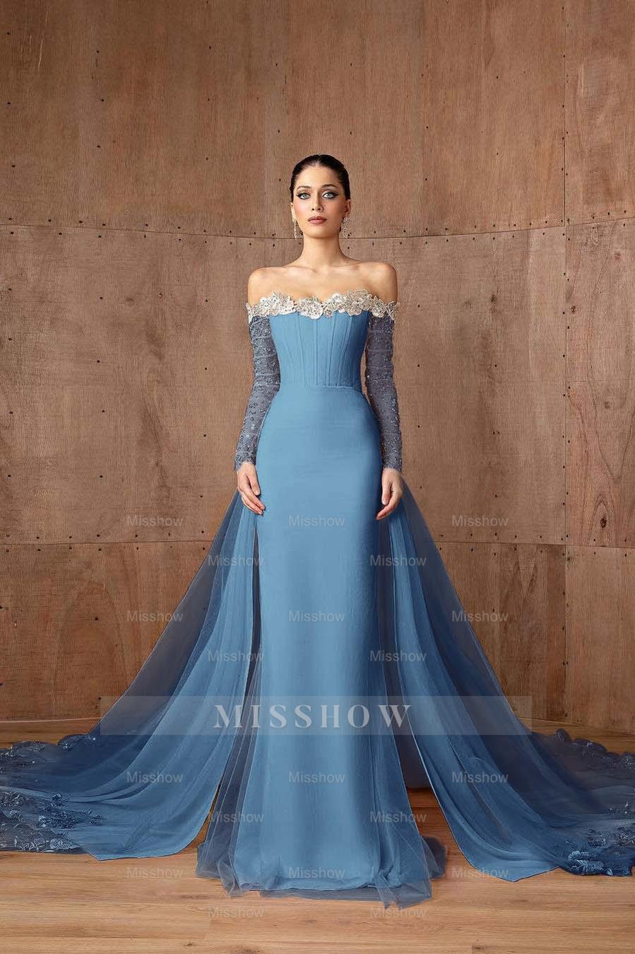 Strapless Long Sleeves Mermaid Long Formal Dress With Appliques