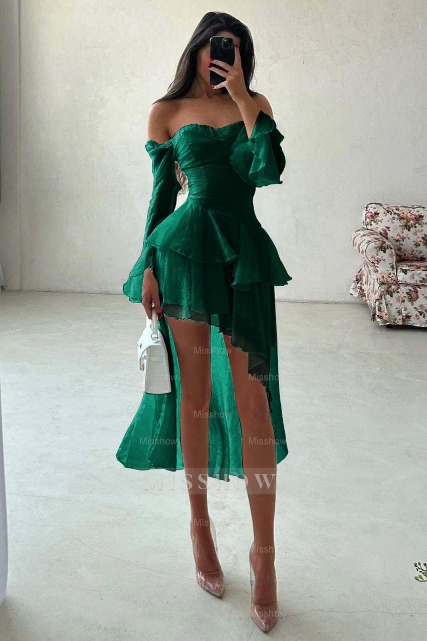 Strapless Long Sleeves Off the Shoulder Short Formal Dress With Ruffles