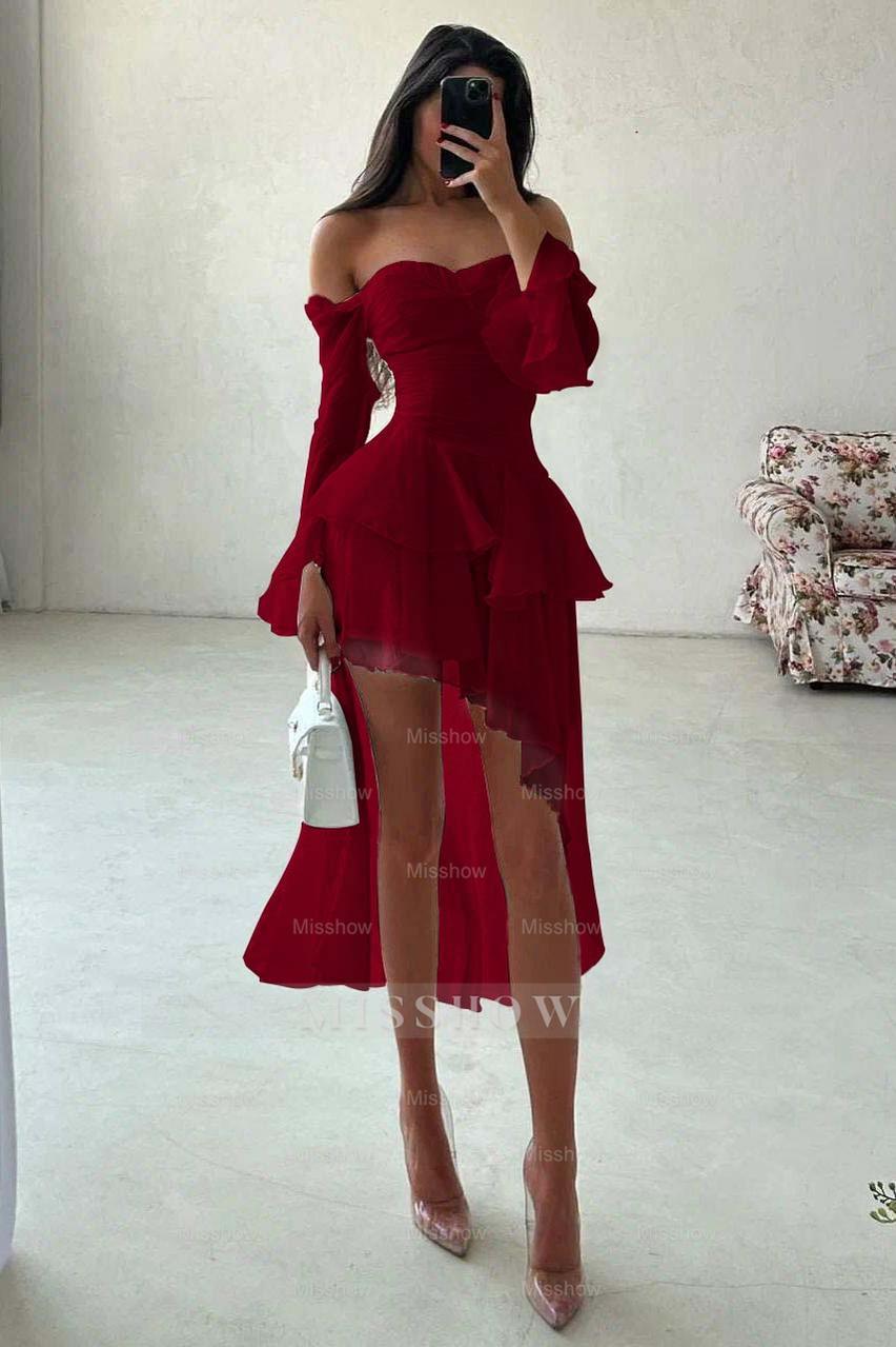 Strapless Long Sleeves Off the Shoulder Short Formal Dress With Ruffles