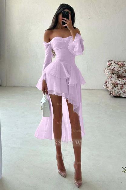 Strapless Long Sleeves Off the Shoulder Short Formal Dress With Ruffles