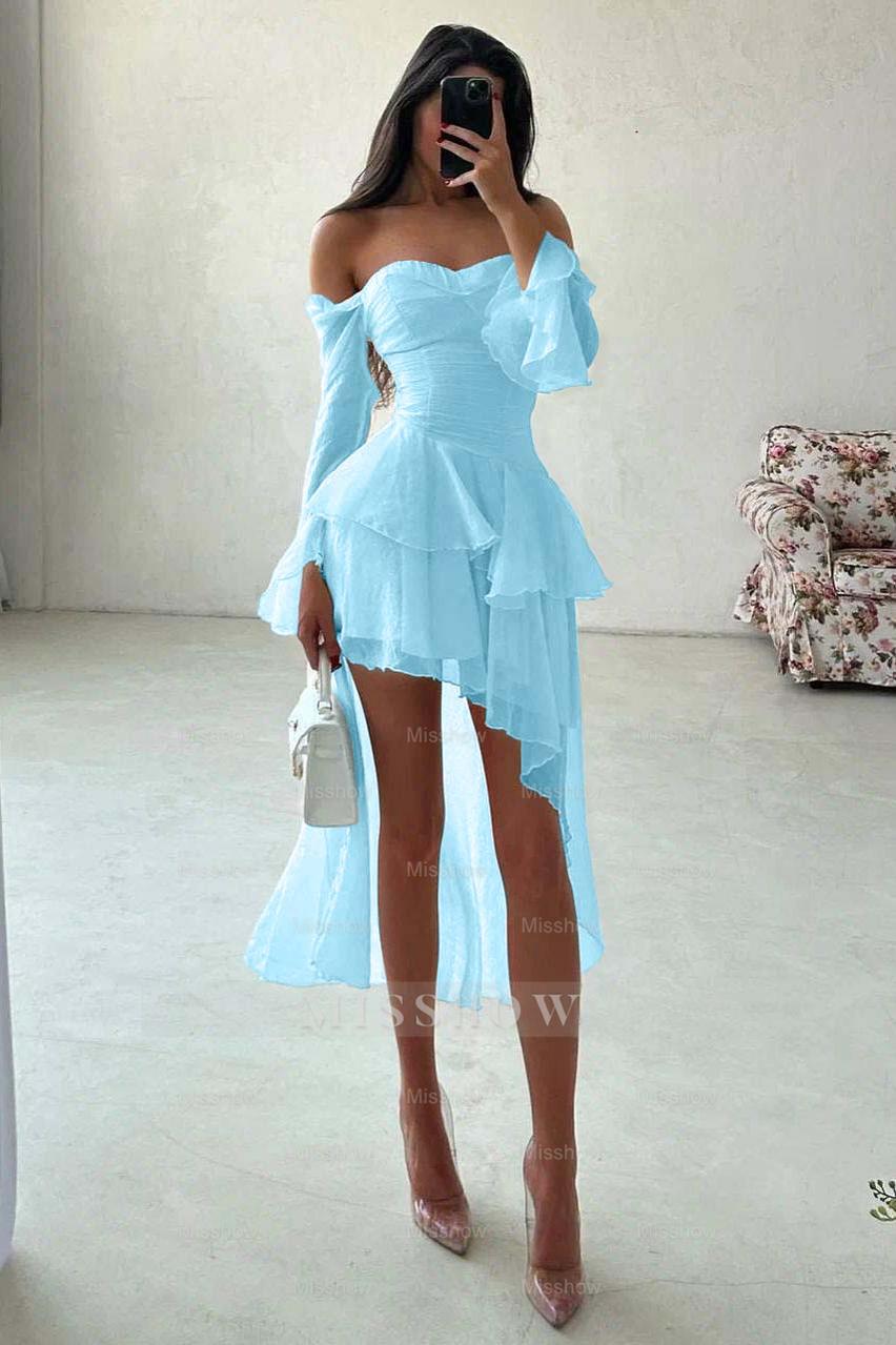 Strapless Long Sleeves Off the Shoulder Short Formal Dress With Ruffles