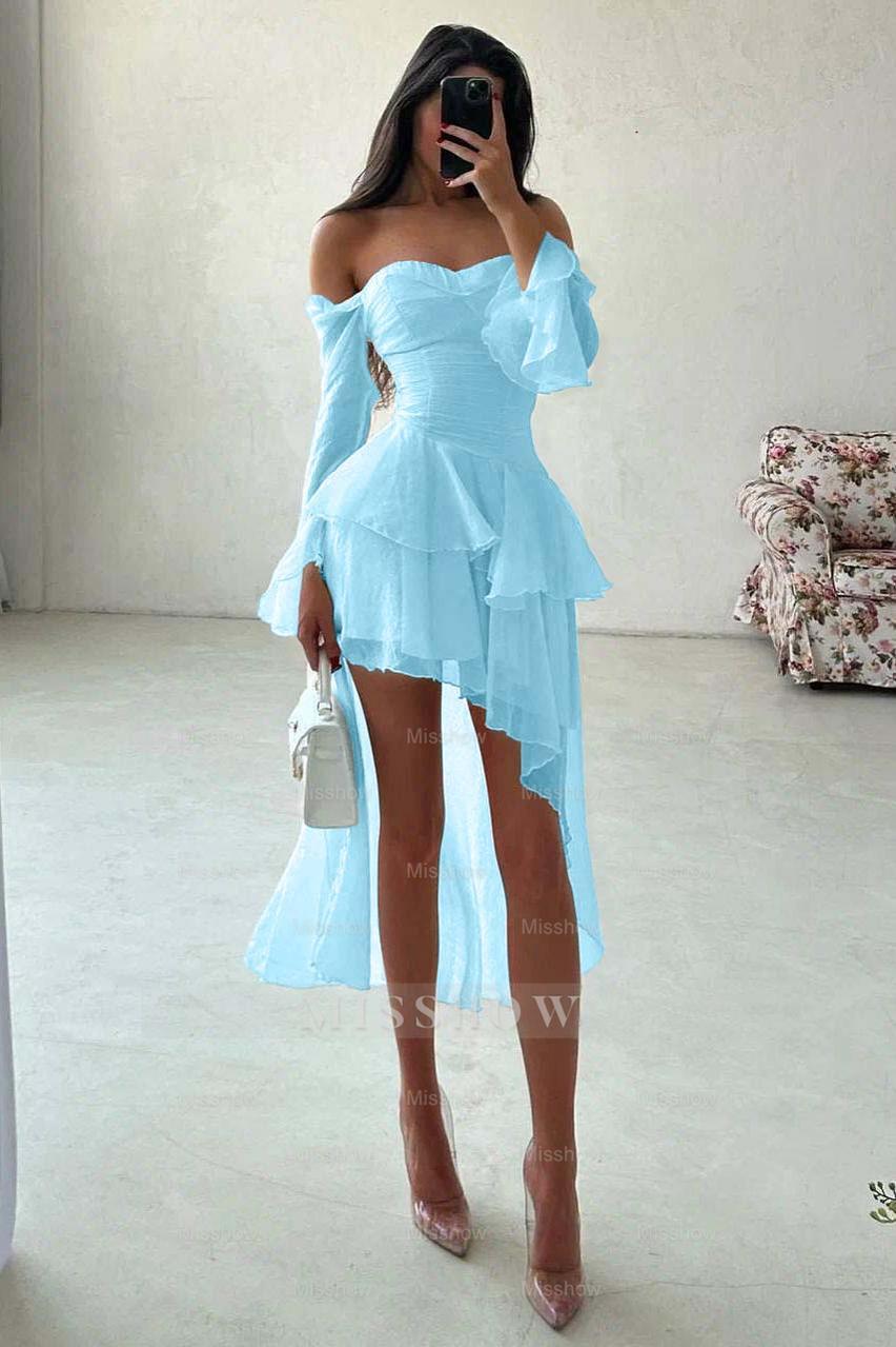 Strapless Long Sleeves Off the Shoulder Short Formal Dress With Ruffles