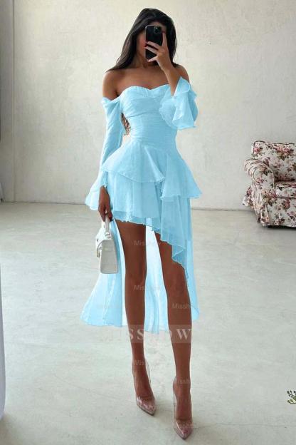 Strapless Long Sleeves Off the Shoulder Short Formal Dress With Ruffles
