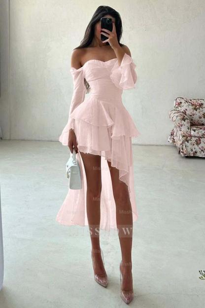 Strapless Long Sleeves Off the Shoulder Short Formal Dress With Ruffles