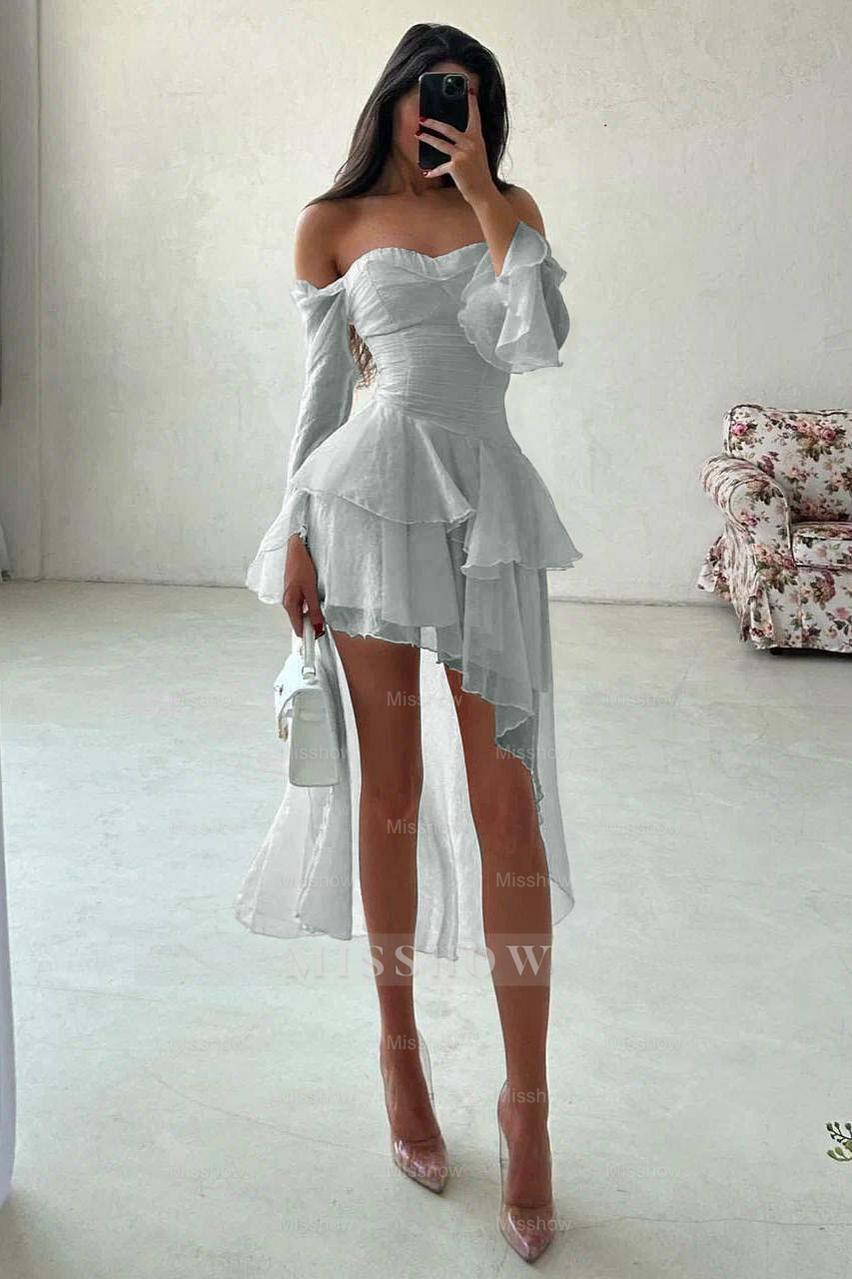Strapless Long Sleeves Off the Shoulder Short Formal Dress With Ruffles