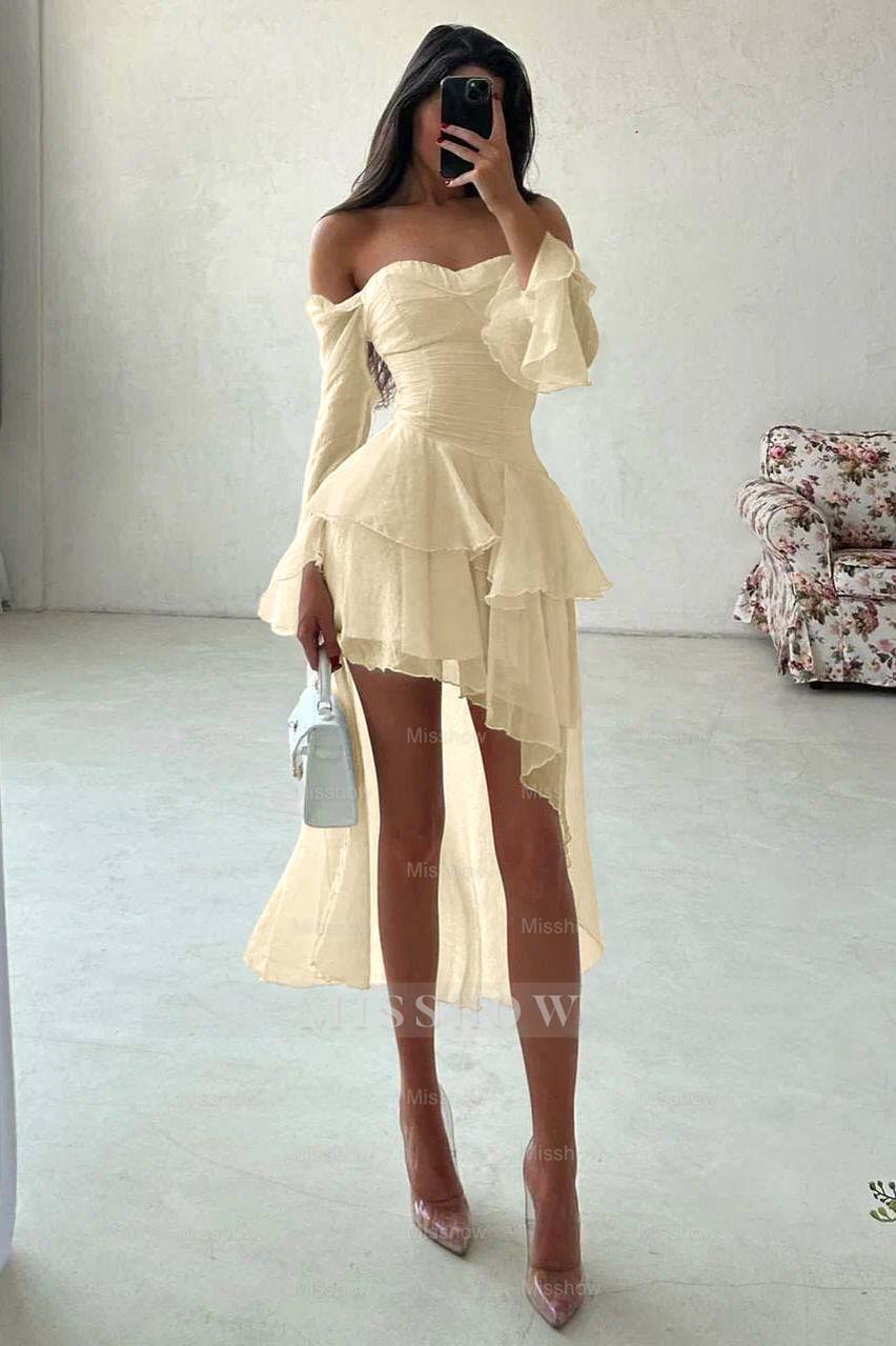 Strapless Long Sleeves Off the Shoulder Short Formal Dress With Ruffles