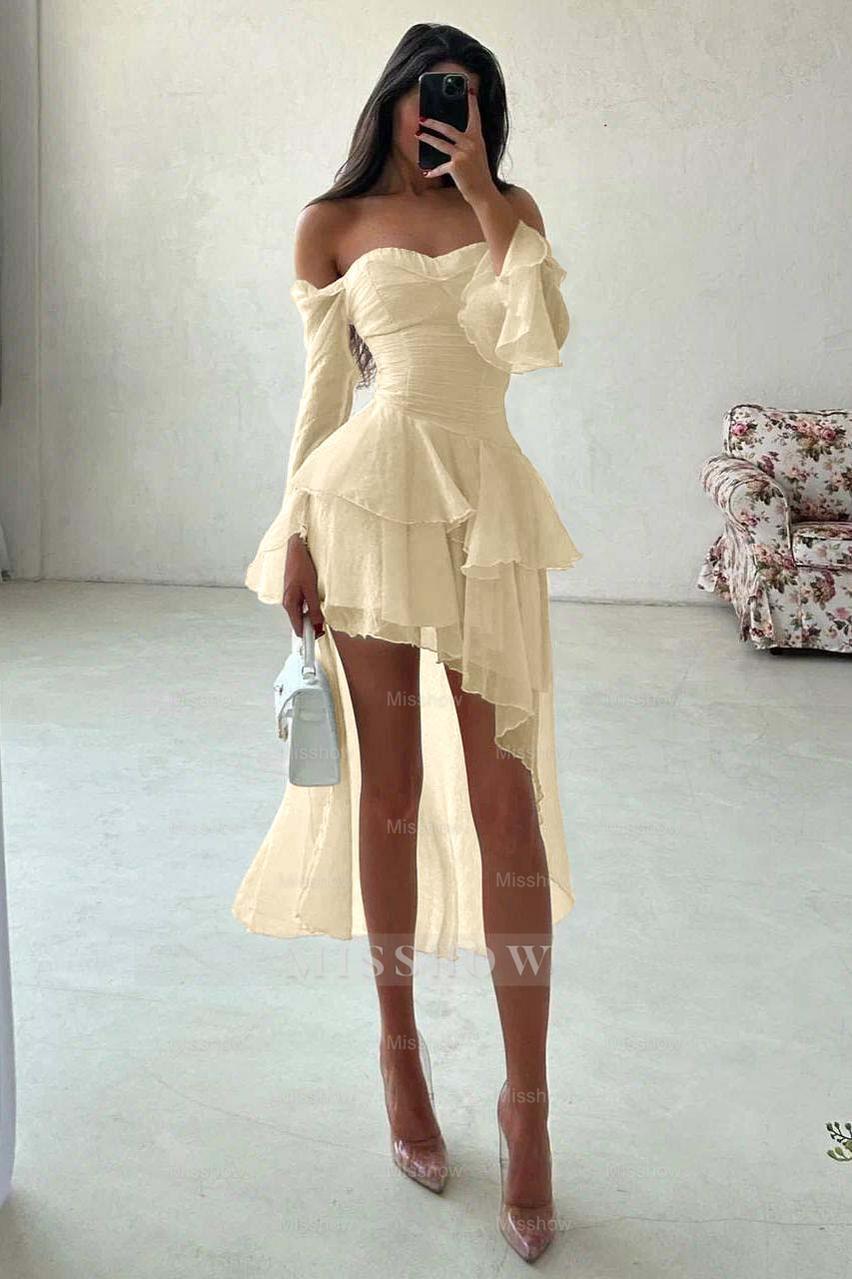 Strapless Long Sleeves Off the Shoulder Short Formal Dress With Ruffles