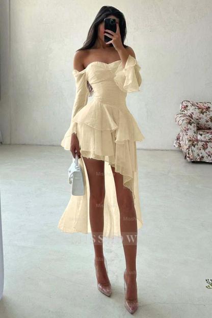 Strapless Long Sleeves Off the Shoulder Short Formal Dress With Ruffles