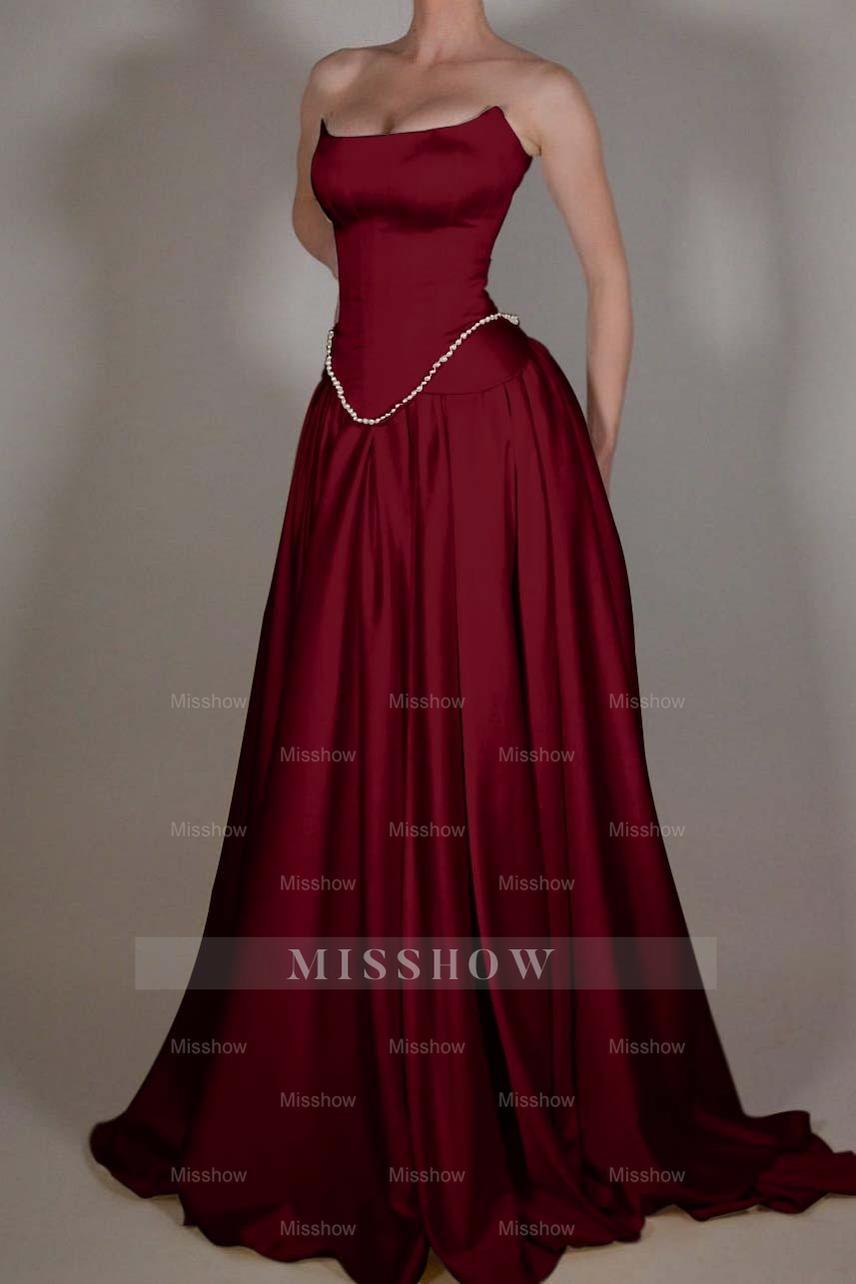 Strapless Sleeveless Long A Line Formal Dress With Pleated Beading