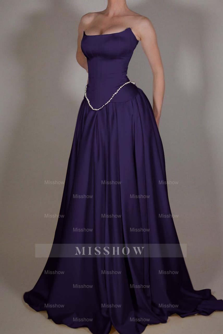 Strapless Sleeveless Long A Line Formal Dress With Pleated Beading