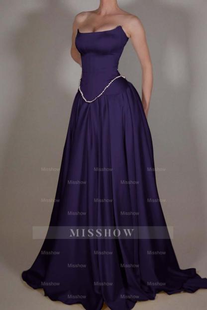 Strapless Sleeveless Long A Line Formal Dress With Pleated Beading