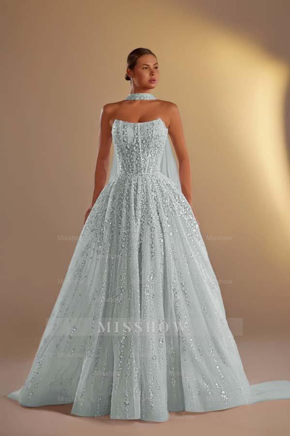 Strapless Sleeveless Long A Line Formal Dress With Pleated Beading