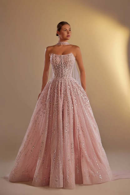 Strapless Sleeveless Long A Line Formal Dress With Pleated Beading