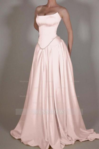 Strapless Sleeveless Long A Line Formal Dress With Pleated Beading