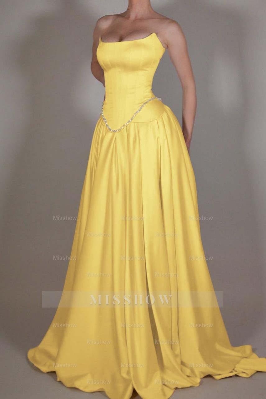 Strapless Sleeveless Long A Line Formal Dress With Pleated Beading