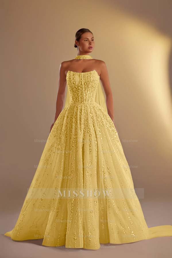 Strapless Sleeveless Long A Line Formal Dress With Pleated Beading