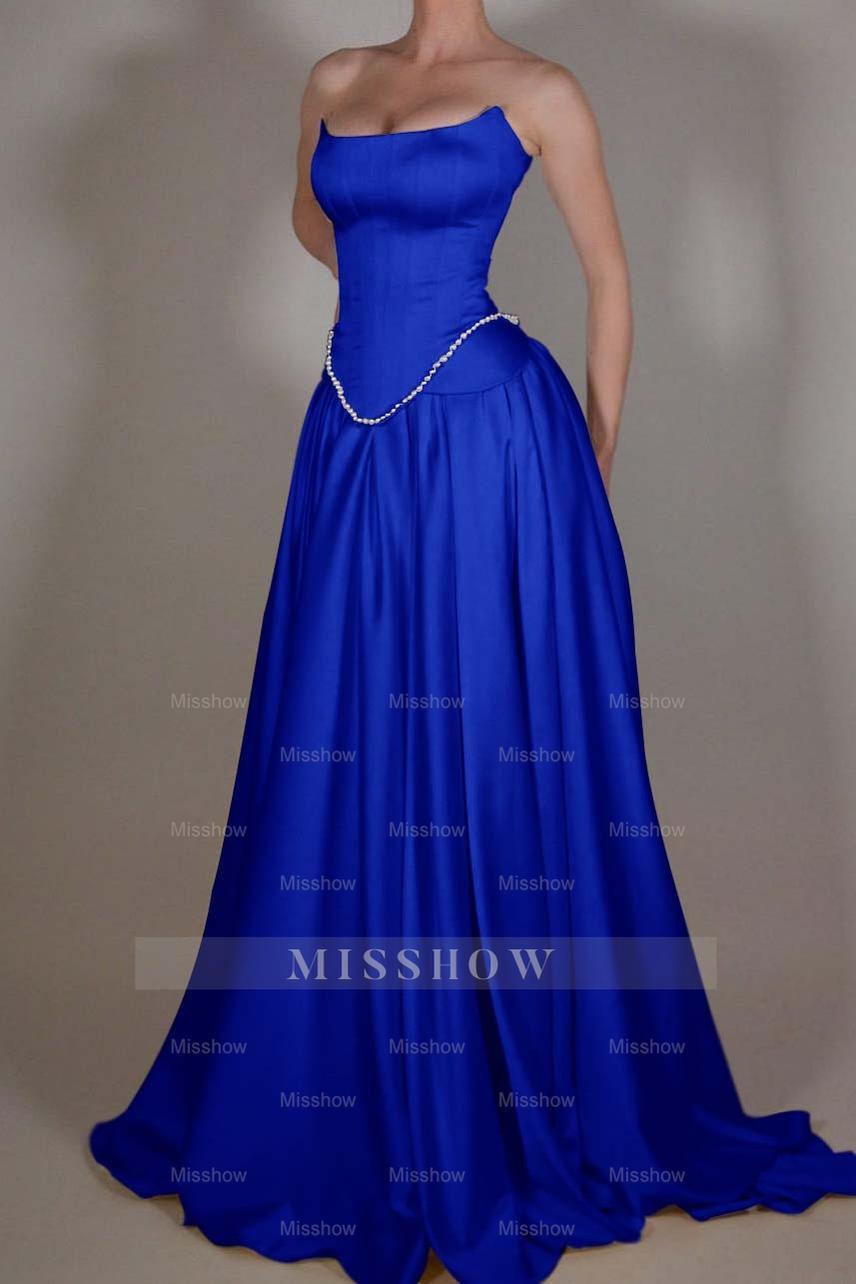 Strapless Sleeveless Long A Line Formal Dress With Pleated Beading