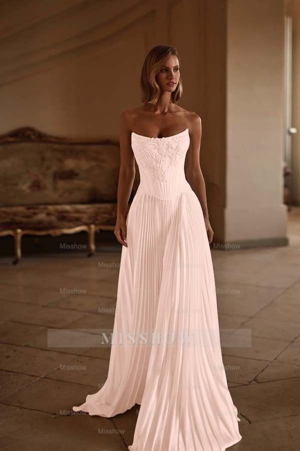 Strapless Sleeveless Long Formal Dress With Appliques Pleated