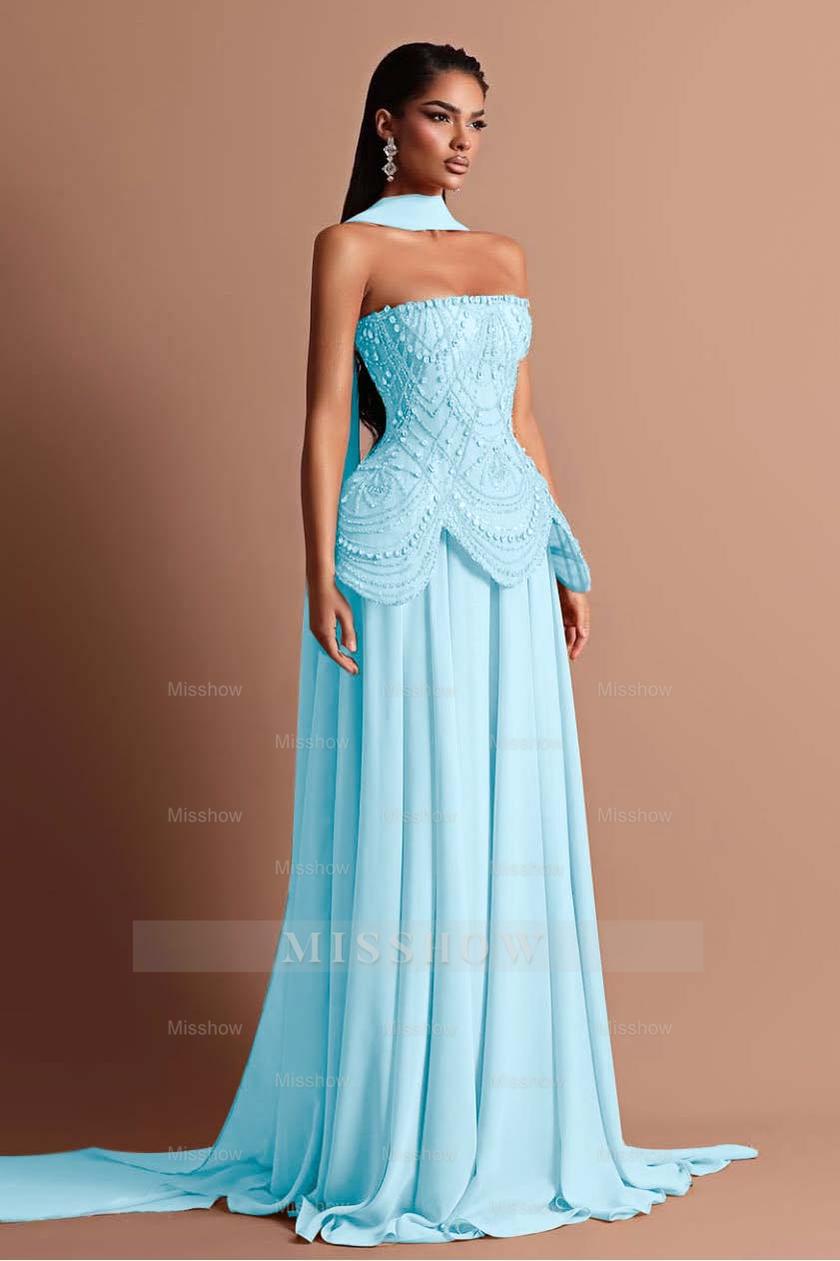 Strapless Sleeveless Long Formal Dress With Beading Pleated Wrap