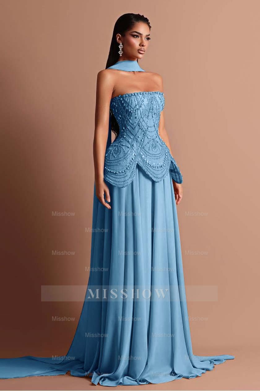 Strapless Sleeveless Long Formal Dress With Beading Pleated Wrap