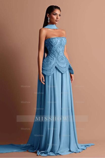 Strapless Sleeveless Long Formal Dress With Beading Pleated Wrap