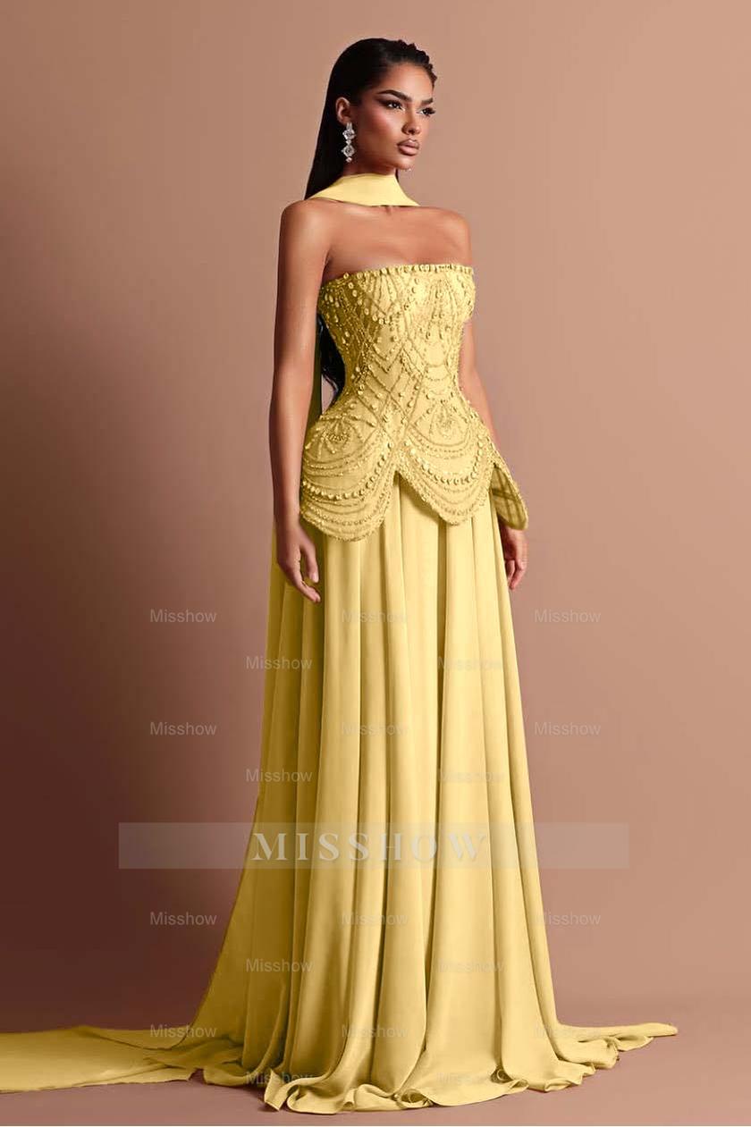 Strapless Sleeveless Long Formal Dress With Beading Pleated Wrap