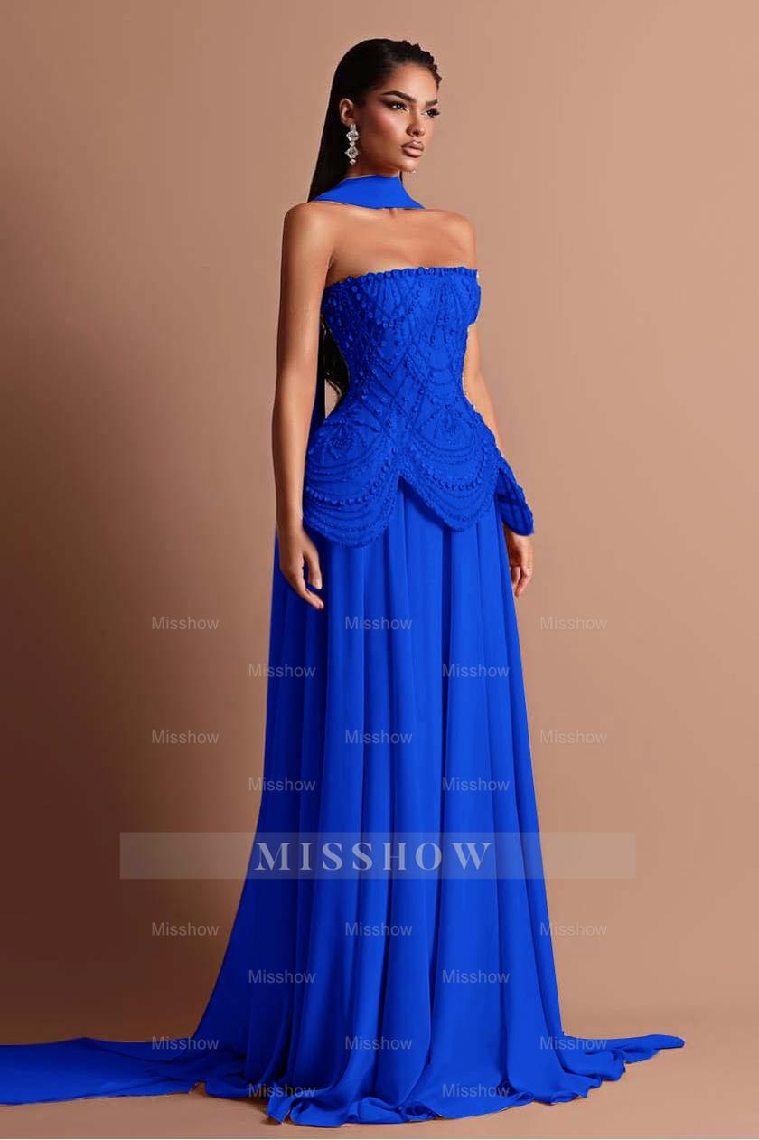 Strapless Sleeveless Long Formal Dress With Beading Pleated Wrap