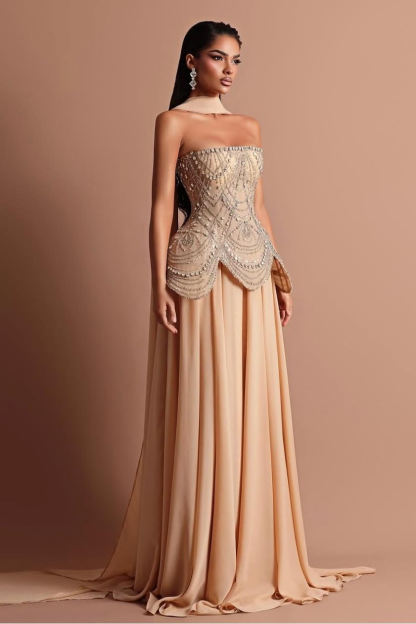 Strapless Sleeveless Long Formal Dress With Beading Pleated Wrap