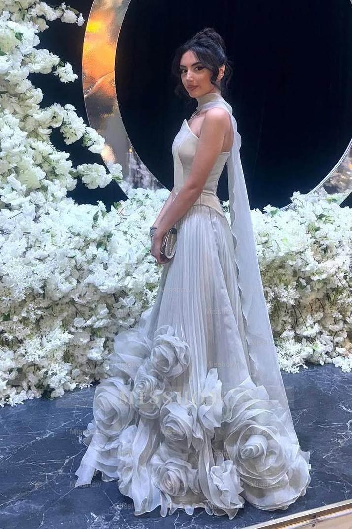 Strapless Sleeveless Long Formal Dress With Flower Pleated Ruffle