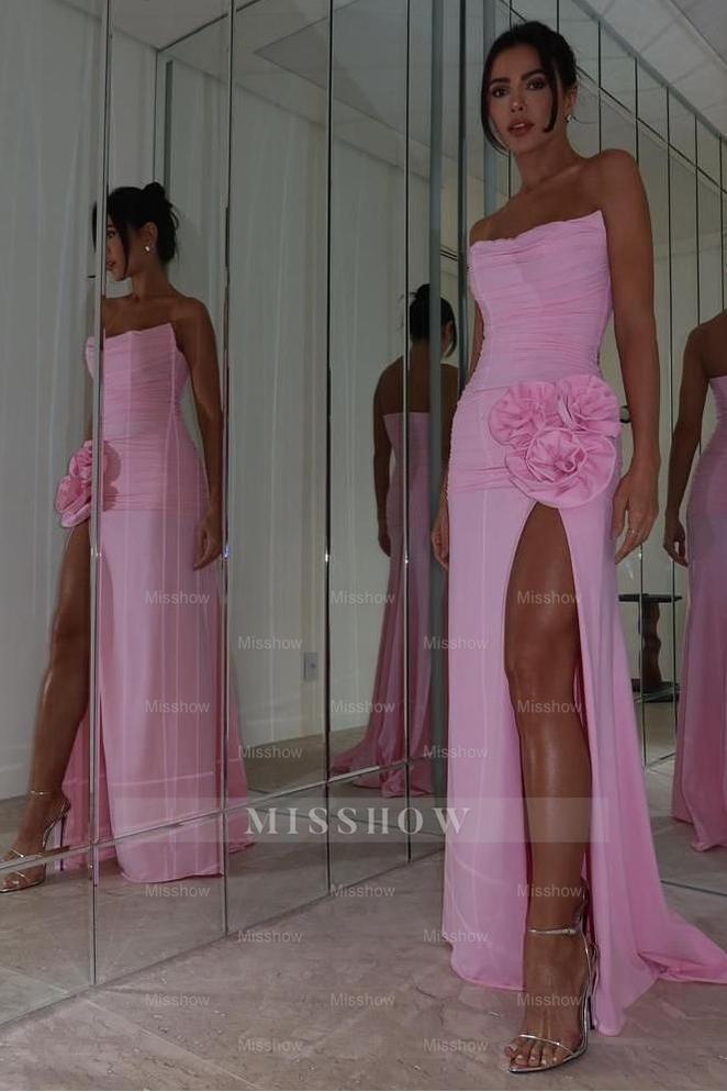 Strapless Sleeveless Long Formal Dress With High Split Pleaded