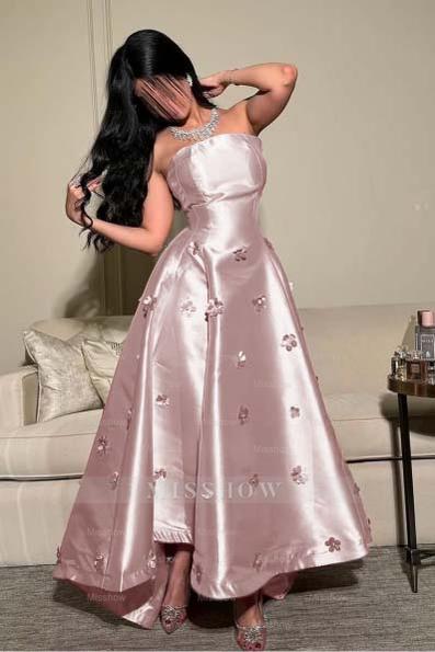 Strapless Sleeveless Long Formal Dress With Pleated Appliques