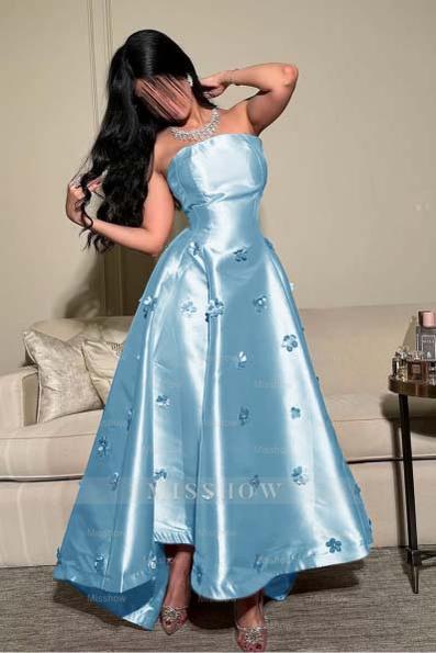 Strapless Sleeveless Long Formal Dress With Pleated Appliques