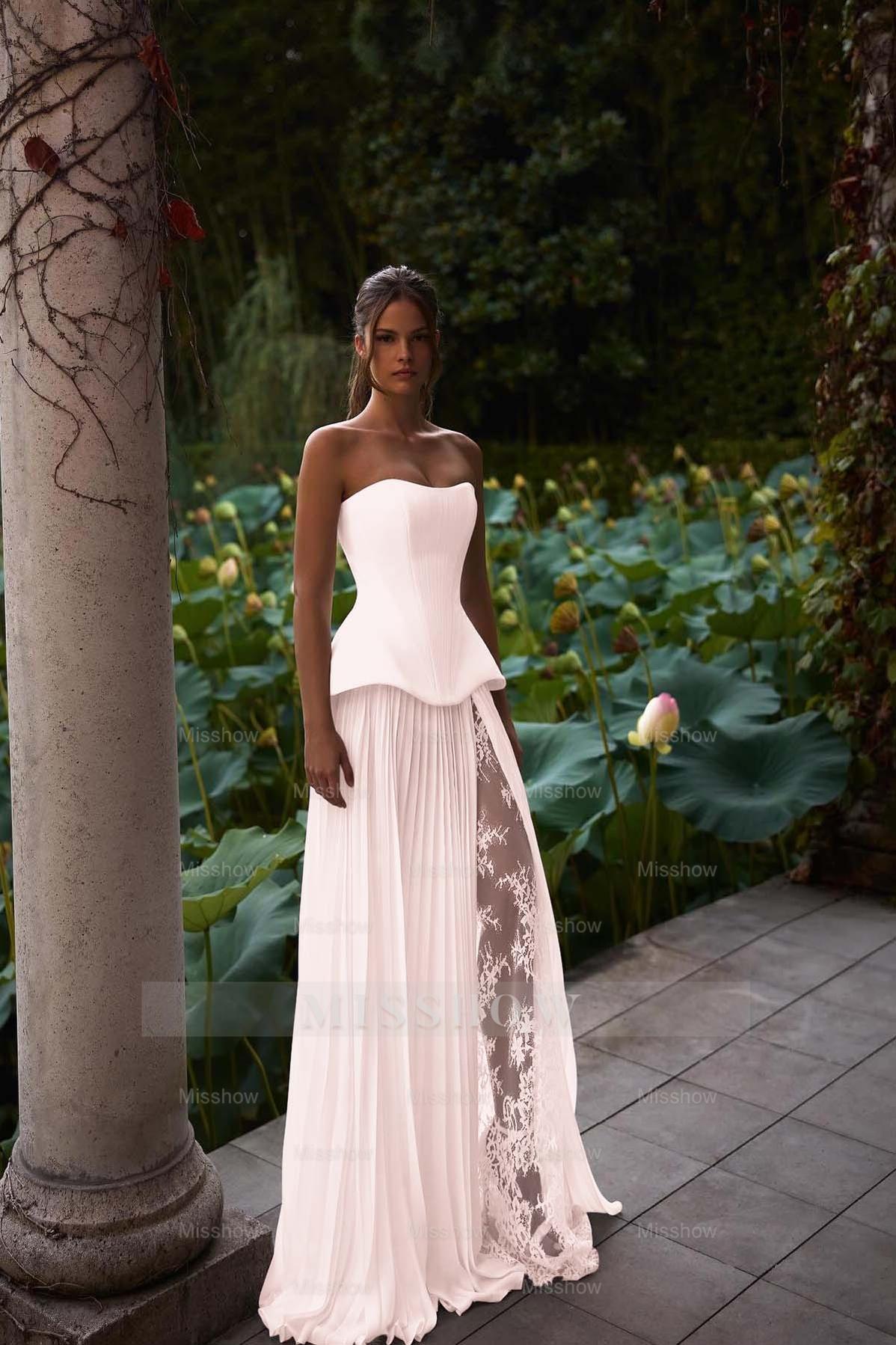 Strapless Sleeveless Long Formal Dress With Pleated Split Appliques