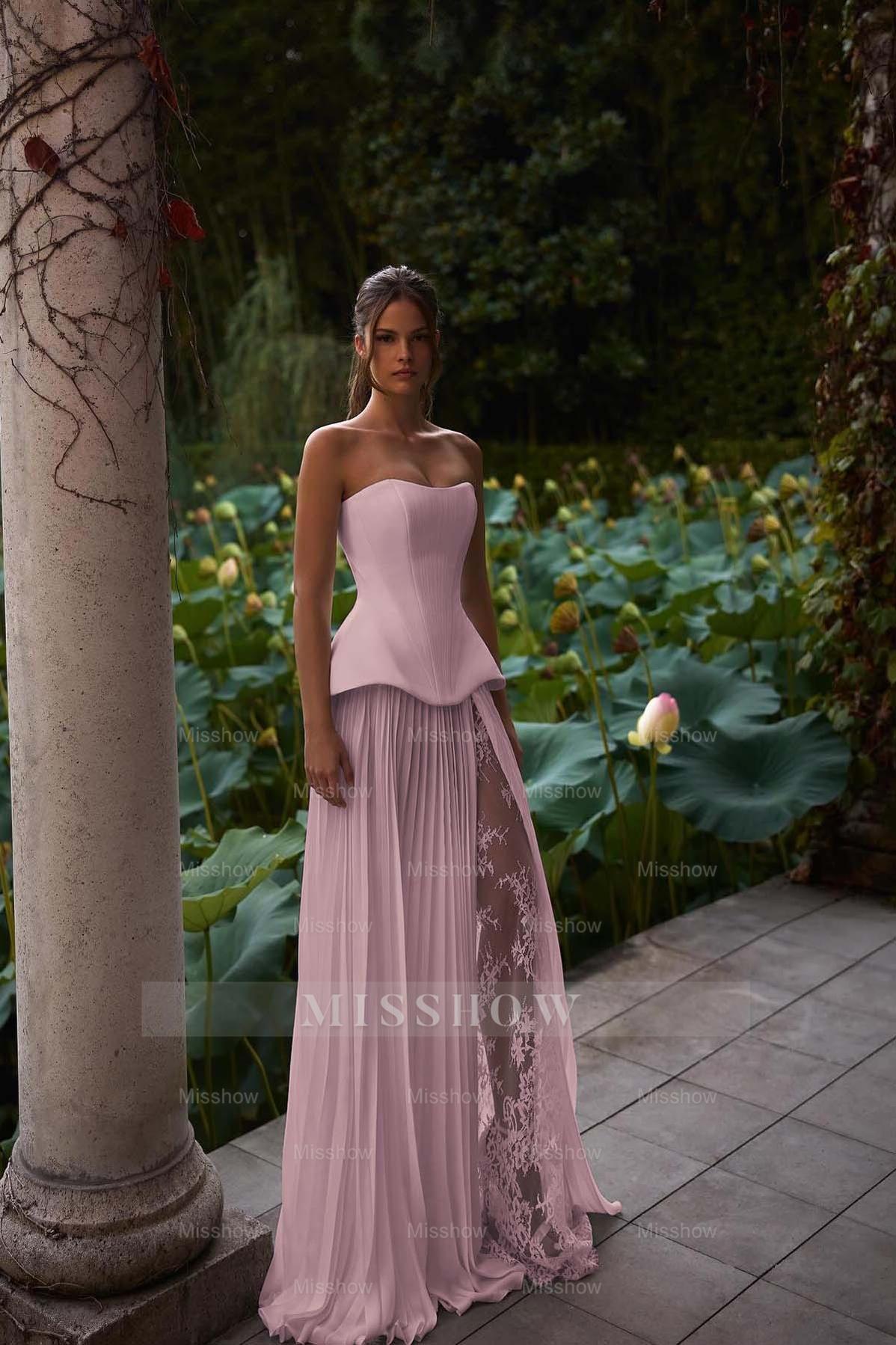 Strapless Sleeveless Long Formal Dress With Pleated Split Appliques