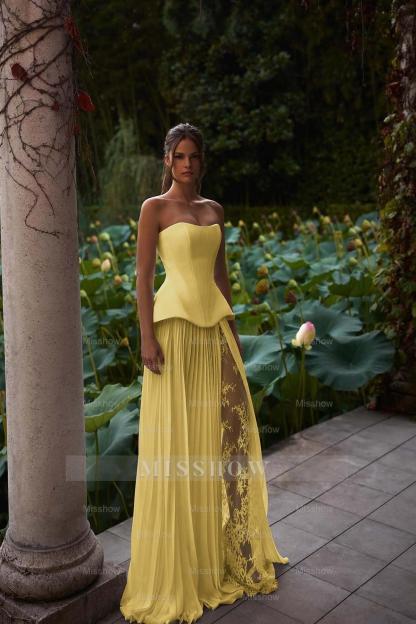 Strapless Sleeveless Long Formal Dress With Pleated Split Appliques