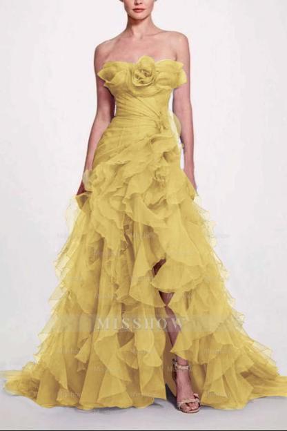 Strapless Sleeveless Long High Split Formal Dress With Pleated